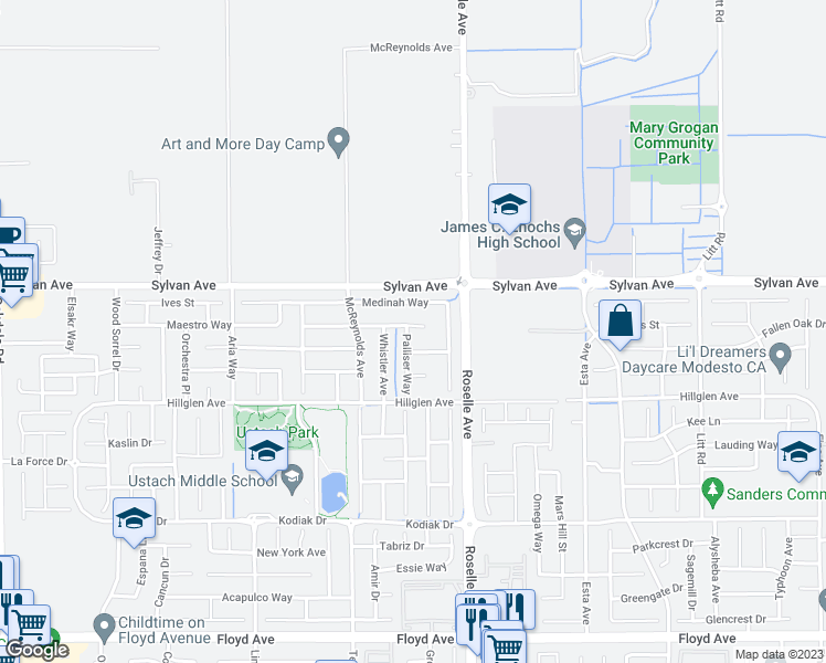 map of restaurants, bars, coffee shops, grocery stores, and more near 3412 Palliser Way in Modesto