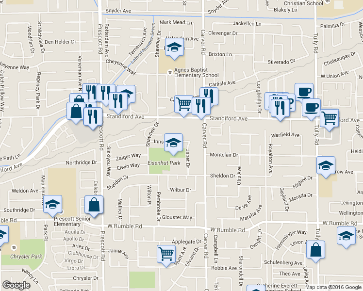 map of restaurants, bars, coffee shops, grocery stores, and more near 1808 Innsbrook Drive in Modesto