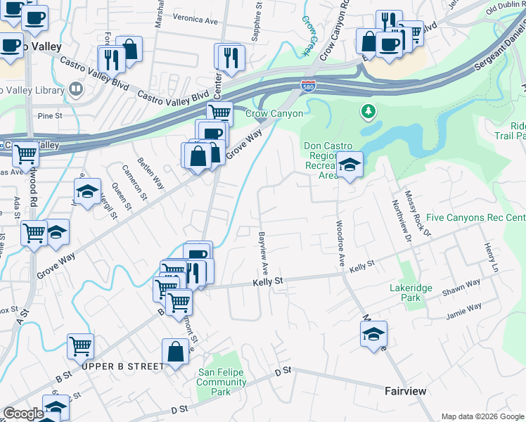 map of restaurants, bars, coffee shops, grocery stores, and more near 22522 Bayview Avenue in Hayward
