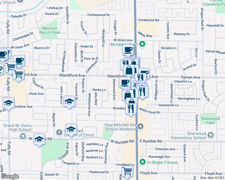 map of restaurants, bars, coffee shops, grocery stores, and more near 3405 Sherwood Avenue in Modesto
