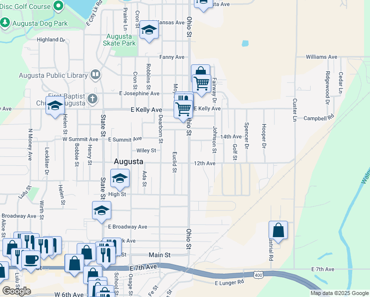 map of restaurants, bars, coffee shops, grocery stores, and more near 1225 Ohio Street in Augusta