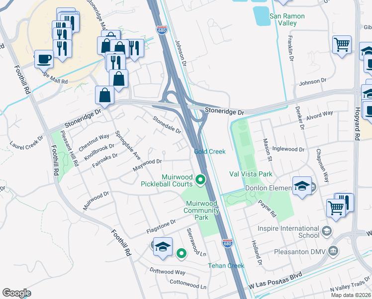 map of restaurants, bars, coffee shops, grocery stores, and more near 7210 Valley View Court in Pleasanton