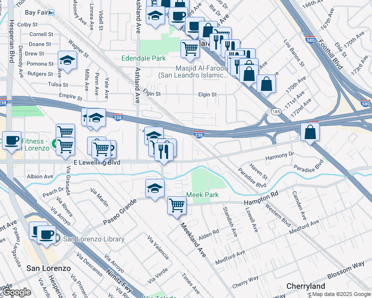 map of restaurants, bars, coffee shops, grocery stores, and more near 16826 Bar Avenue in San Lorenzo