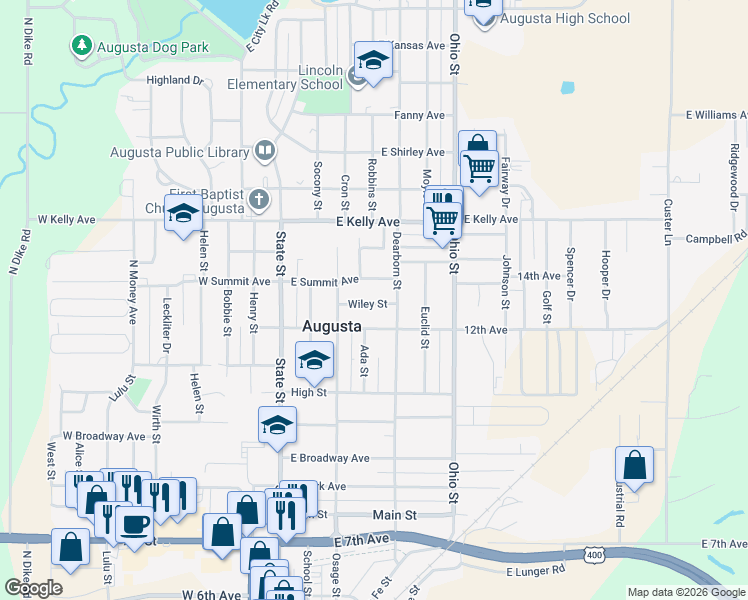 map of restaurants, bars, coffee shops, grocery stores, and more near 238 Wiley Street in Augusta