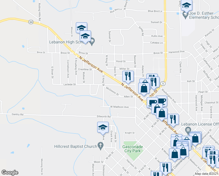 map of restaurants, bars, coffee shops, grocery stores, and more near 830 McGinnis Street in Lebanon