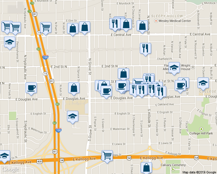 map of restaurants, bars, coffee shops, grocery stores, and more near 129 N Estelle St in Wichita