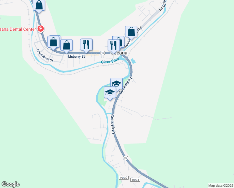 map of restaurants, bars, coffee shops, grocery stores, and more near 405 Cook Parkway in Oceana