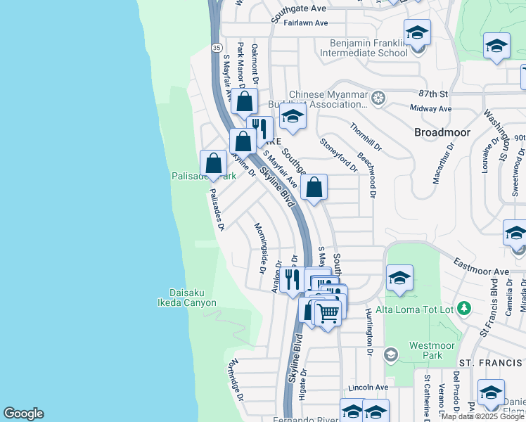 map of restaurants, bars, coffee shops, grocery stores, and more near 18 Avalon Drive in Daly City