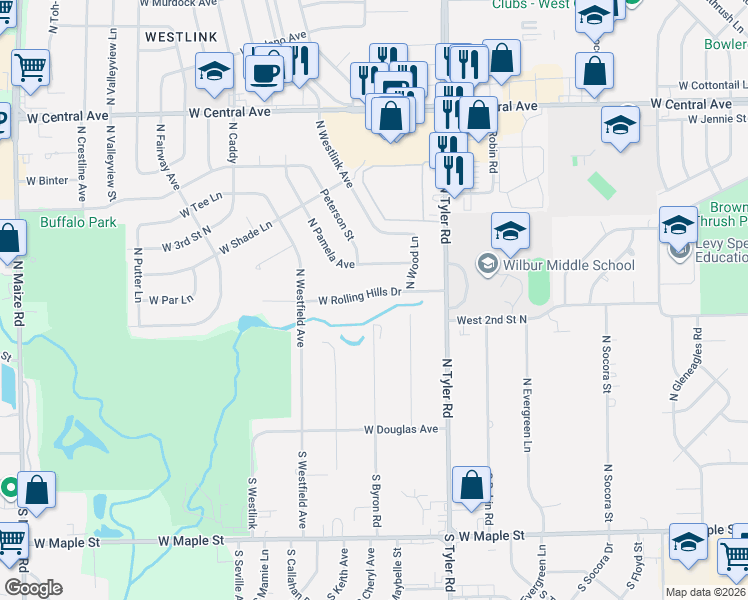 map of restaurants, bars, coffee shops, grocery stores, and more near 9 West Rolling Hills Drive in Wichita