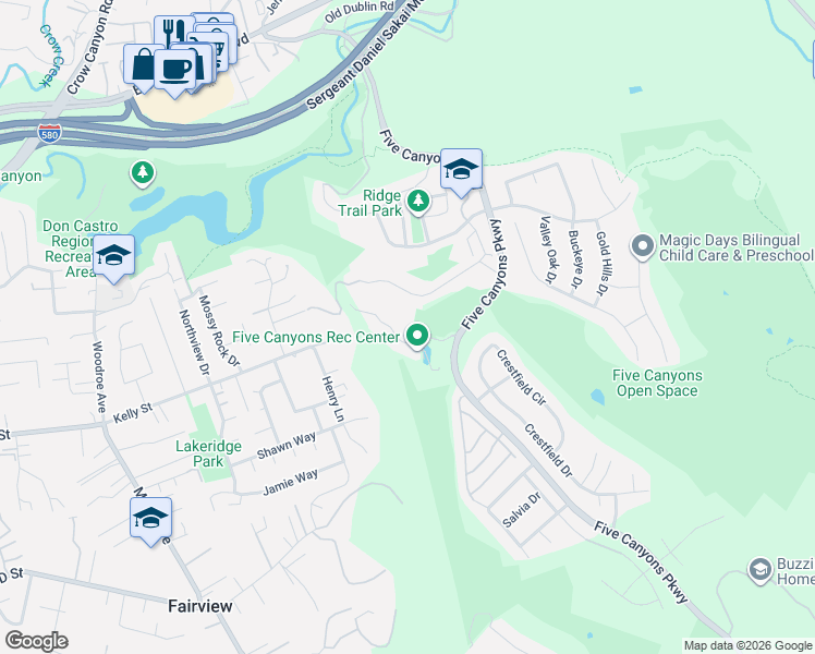 map of restaurants, bars, coffee shops, grocery stores, and more near 4200 Recreation Center Road in Castro Valley
