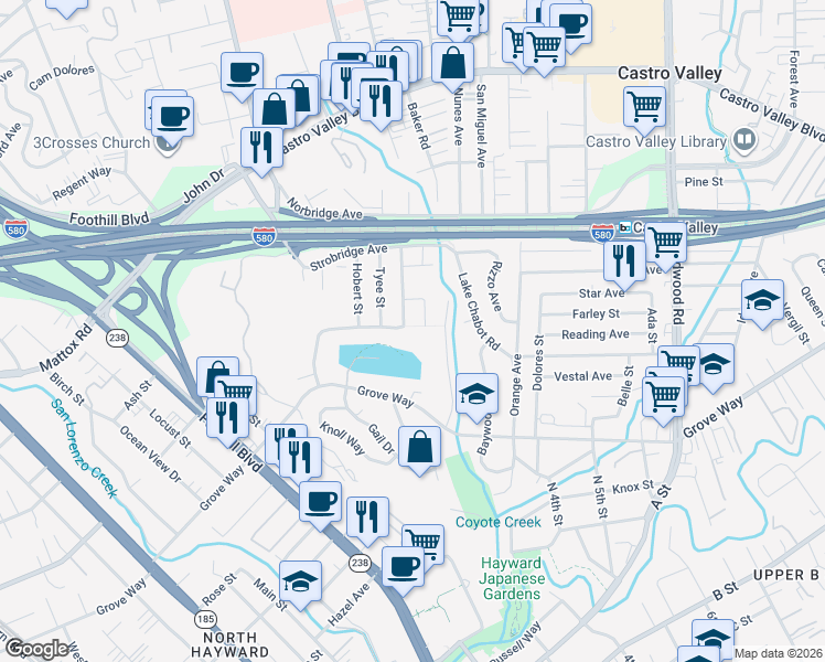 map of restaurants, bars, coffee shops, grocery stores, and more near 1933 Riverbank Avenue in Castro Valley