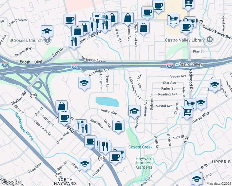 map of restaurants, bars, coffee shops, grocery stores, and more near 1933 Riverbank Avenue in Castro Valley