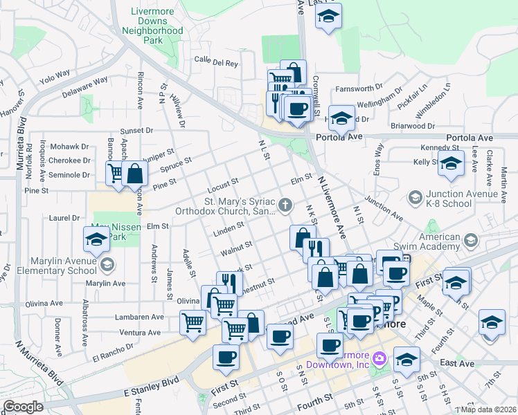 map of restaurants, bars, coffee shops, grocery stores, and more near 645 North M Street in Livermore