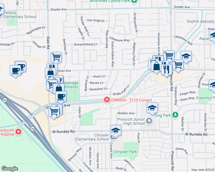 map of restaurants, bars, coffee shops, grocery stores, and more near 3300 Spumante Lane in Modesto