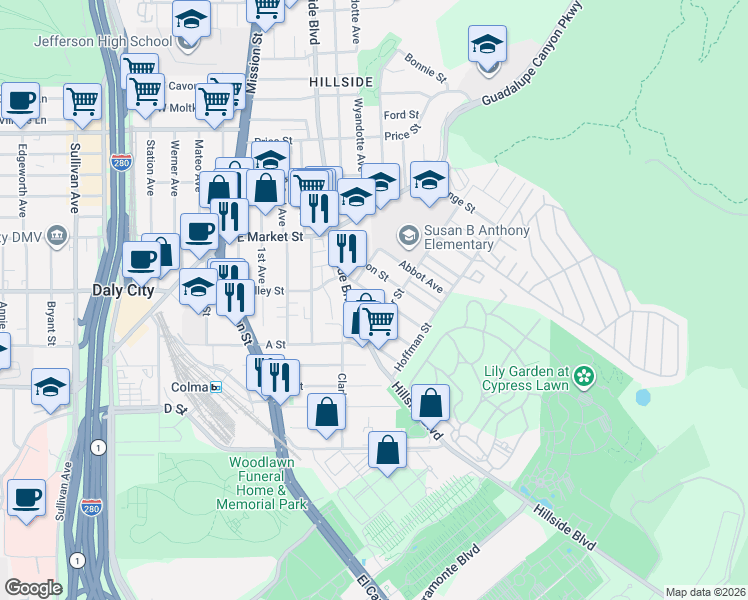 map of restaurants, bars, coffee shops, grocery stores, and more near 570 Sylvan Street in Daly City