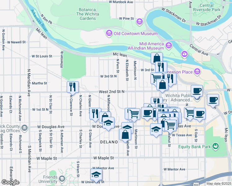 map of restaurants, bars, coffee shops, grocery stores, and more near 259 Fern North in Wichita