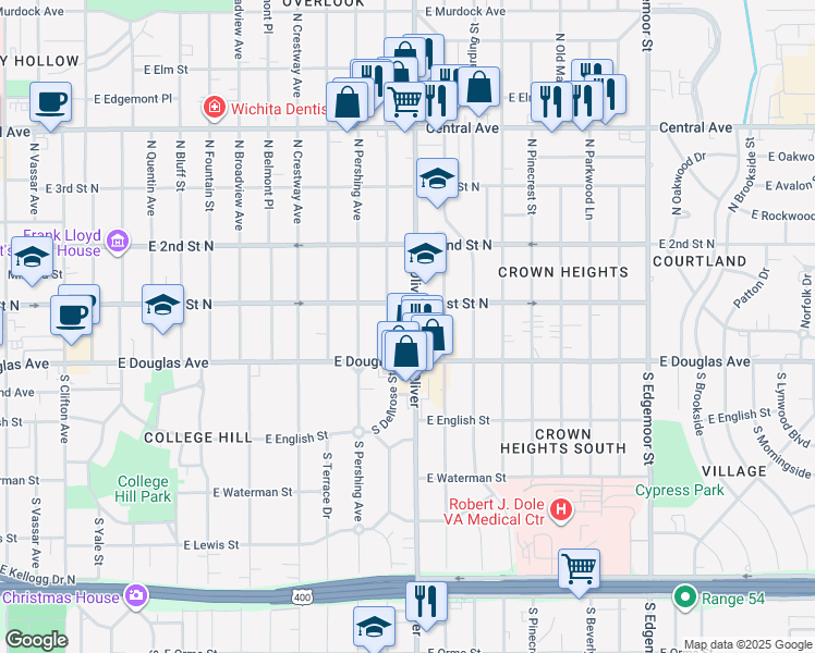 map of restaurants, bars, coffee shops, grocery stores, and more near 139 North Oliver Street in Wichita