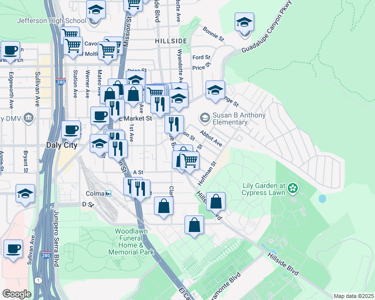 map of restaurants, bars, coffee shops, grocery stores, and more near 576 Sylvan Street in Daly City