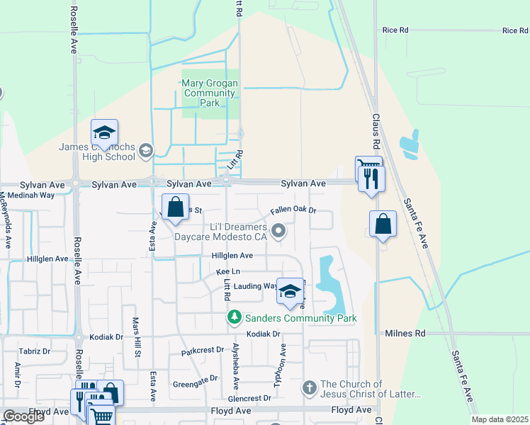 map of restaurants, bars, coffee shops, grocery stores, and more near 3701 Fallen Oak Drive in Modesto