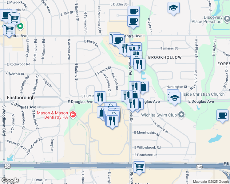 map of restaurants, bars, coffee shops, grocery stores, and more near 111 Burr Oak Road in Wichita