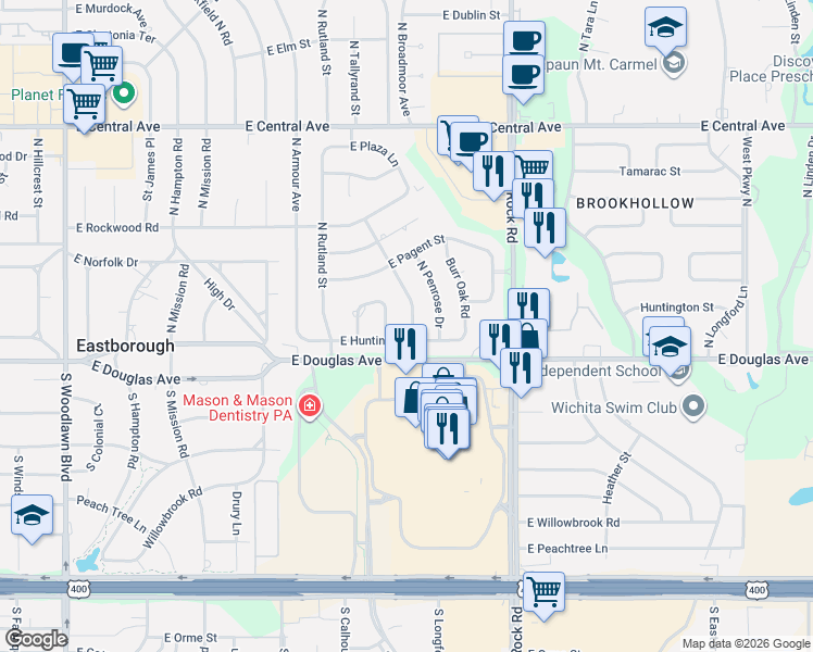 map of restaurants, bars, coffee shops, grocery stores, and more near 104 Post Oak Road in Wichita