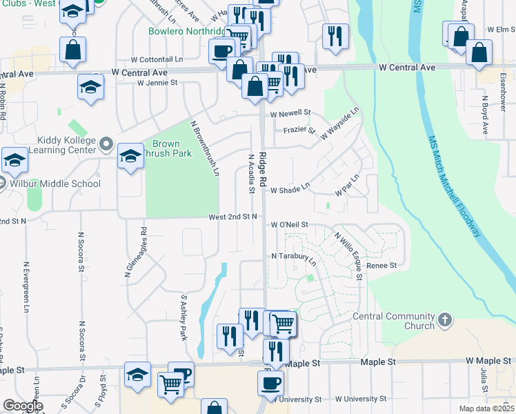 map of restaurants, bars, coffee shops, grocery stores, and more near 310 N Acadia St in Wichita