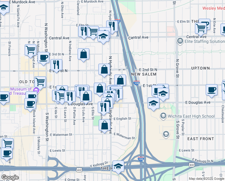 map of restaurants, bars, coffee shops, grocery stores, and more near 140 North Hydraulic Avenue in Wichita
