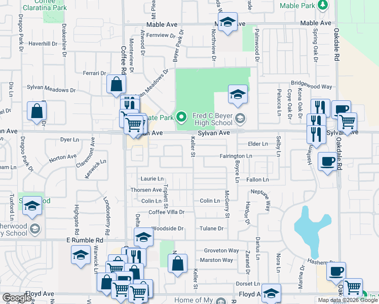 map of restaurants, bars, coffee shops, grocery stores, and more near 3401 Keller Street in Modesto