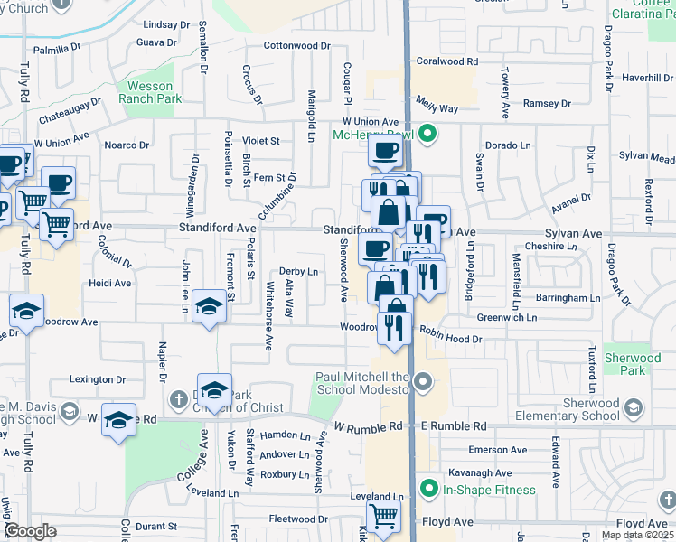 map of restaurants, bars, coffee shops, grocery stores, and more near 3405 Sherwood Avenue in Modesto