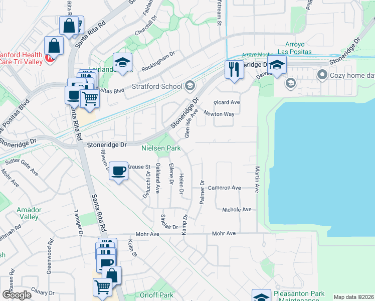 map of restaurants, bars, coffee shops, grocery stores, and more near 3850 Kamp Drive in Pleasanton