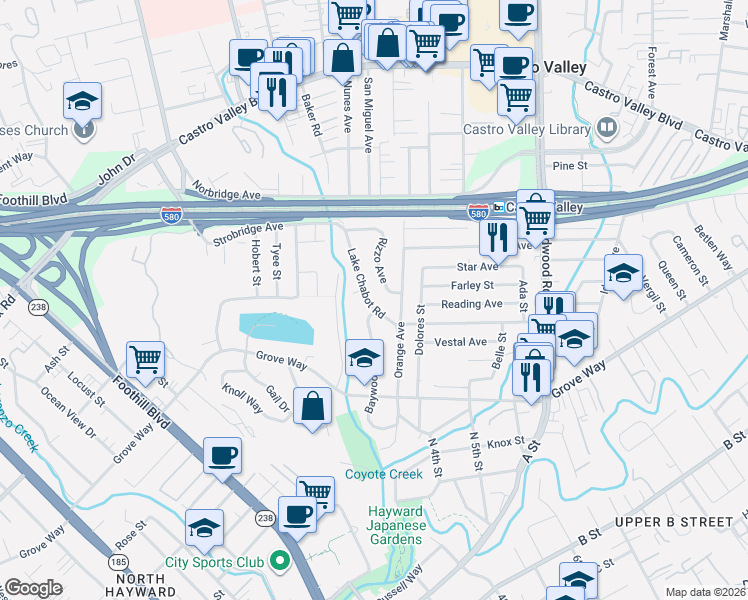 map of restaurants, bars, coffee shops, grocery stores, and more near 21475 Rizzo Avenue in Castro Valley