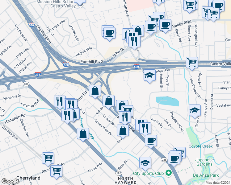 map of restaurants, bars, coffee shops, grocery stores, and more near 21117 Gary Drive in Hayward