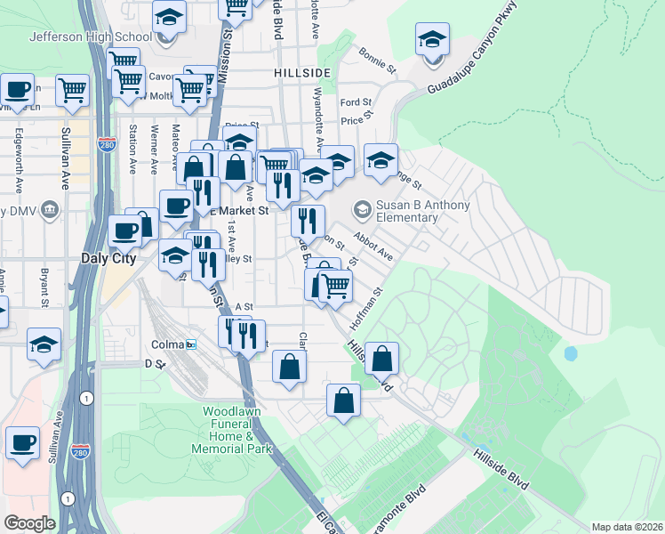 map of restaurants, bars, coffee shops, grocery stores, and more near 570 Sylvan Street in Daly City