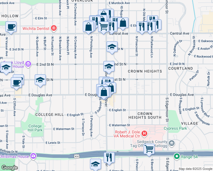 map of restaurants, bars, coffee shops, grocery stores, and more near 139 North Oliver Street in Wichita