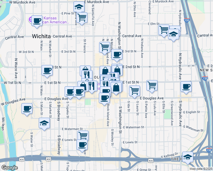 map of restaurants, bars, coffee shops, grocery stores, and more near 142 North Mead in Wichita