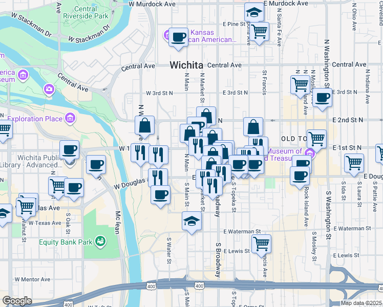 map of restaurants, bars, coffee shops, grocery stores, and more near 140 North Main Street in Wichita