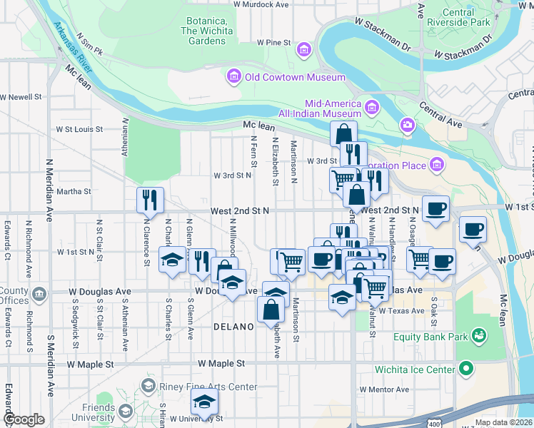 map of restaurants, bars, coffee shops, grocery stores, and more near 252 North Elizabeth Street in Wichita