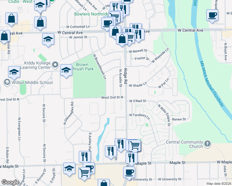 map of restaurants, bars, coffee shops, grocery stores, and more near 300 Brunswick Street in Wichita