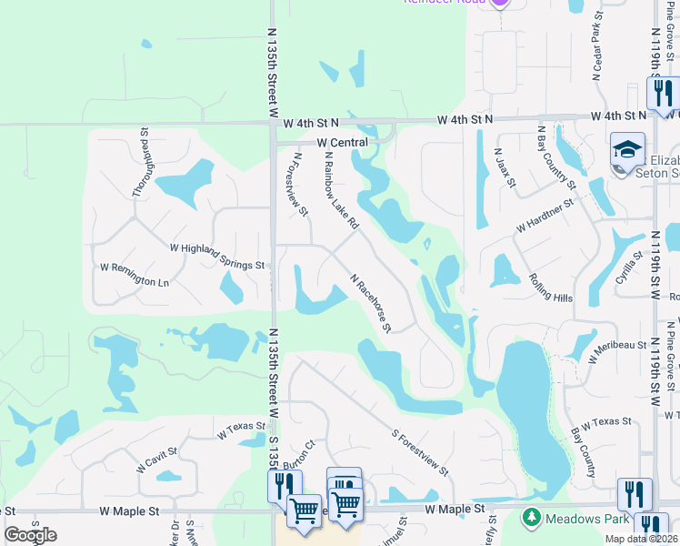 map of restaurants, bars, coffee shops, grocery stores, and more near 319 North Racehorse Street in Wichita