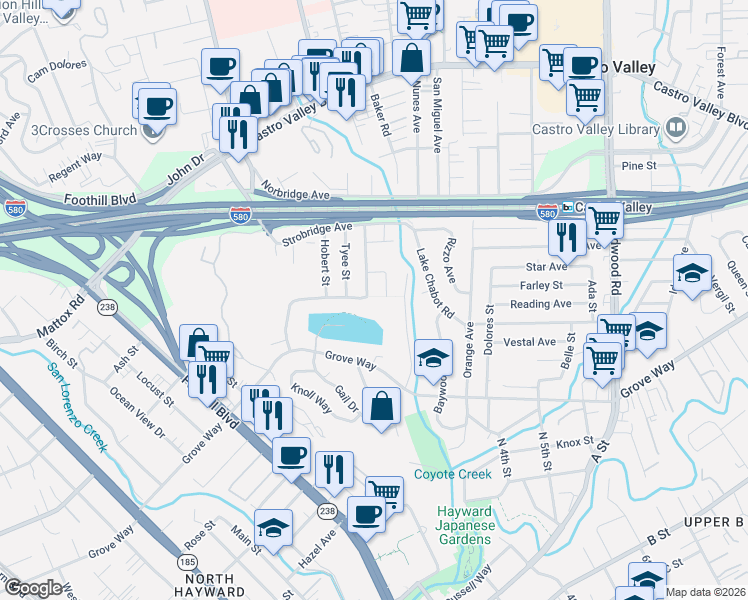 map of restaurants, bars, coffee shops, grocery stores, and more near 21487 Outlook Court in Castro Valley