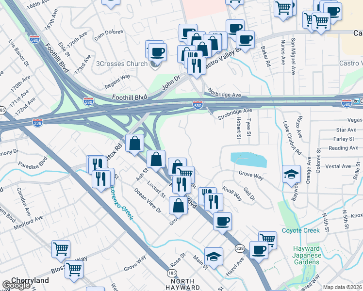 map of restaurants, bars, coffee shops, grocery stores, and more near 21103 Gary Drive in Hayward