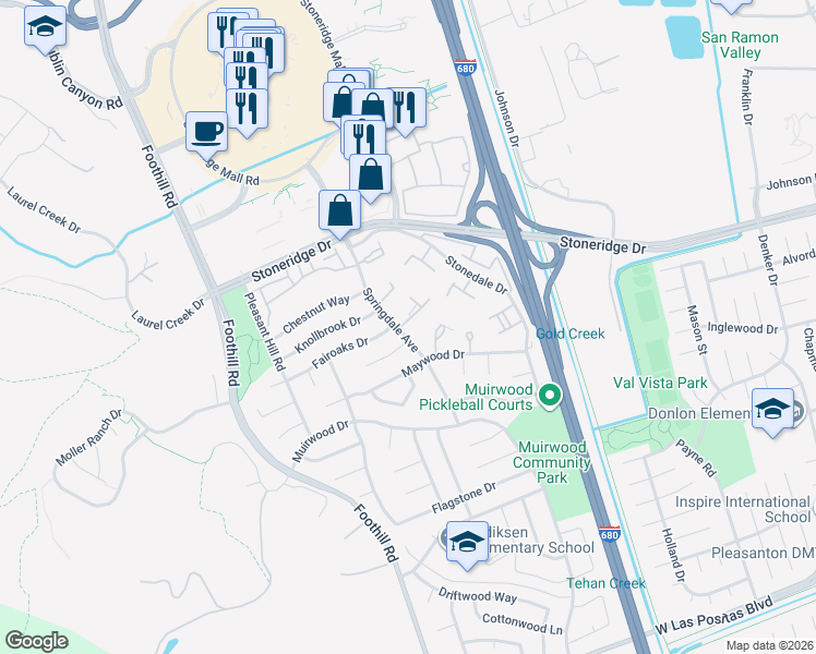 map of restaurants, bars, coffee shops, grocery stores, and more near 5293 Springdale Avenue in Pleasanton