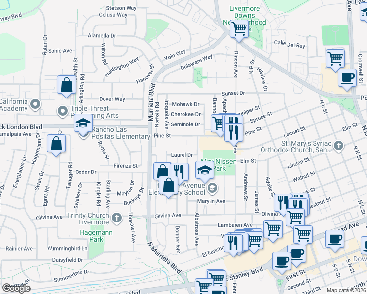 map of restaurants, bars, coffee shops, grocery stores, and more near 826 Dakota Court in Livermore