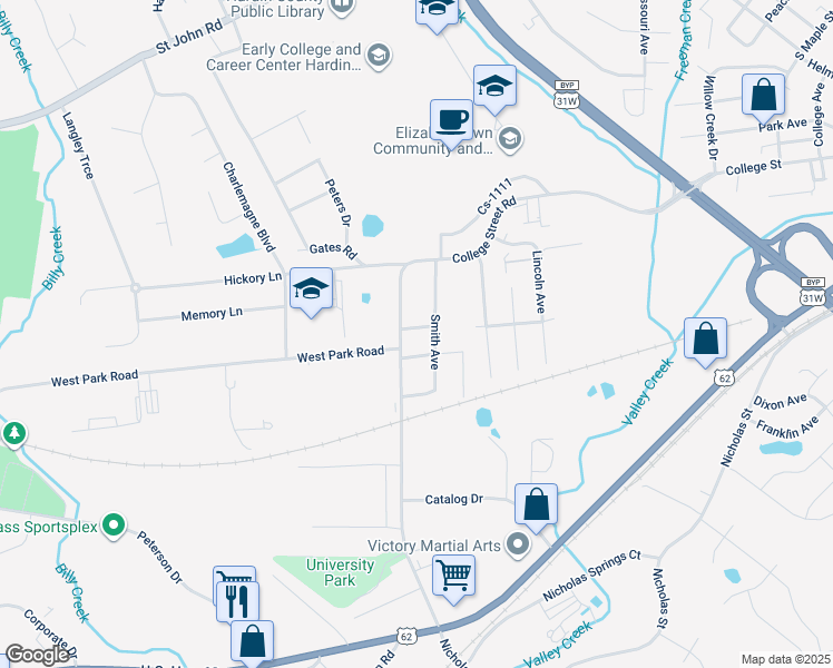 map of restaurants, bars, coffee shops, grocery stores, and more near 625 Mary Knoll Drive in Elizabethtown