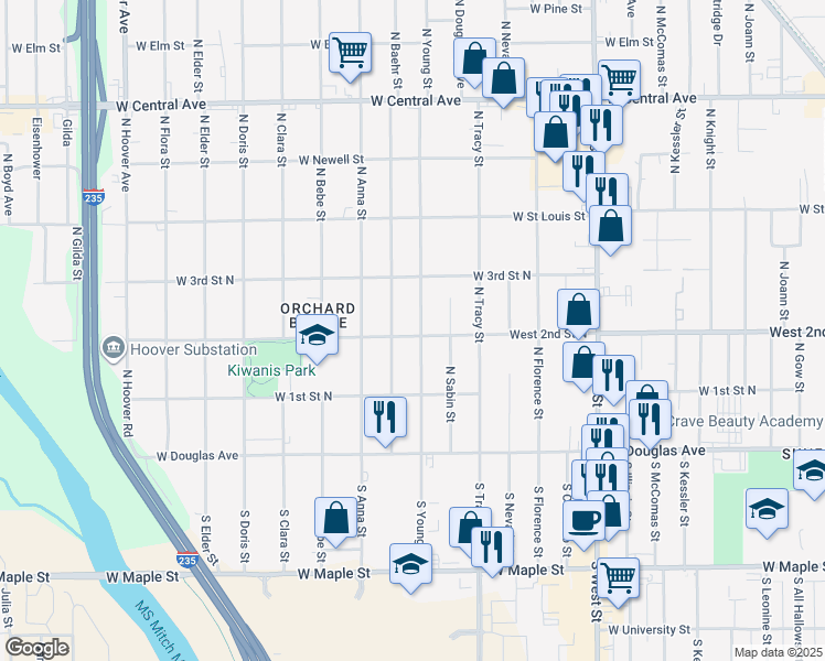 map of restaurants, bars, coffee shops, grocery stores, and more near 301 North Young Street in Wichita