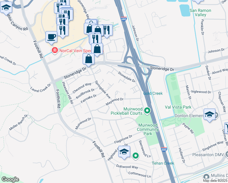 map of restaurants, bars, coffee shops, grocery stores, and more near 5174 Oakdale Court in Pleasanton