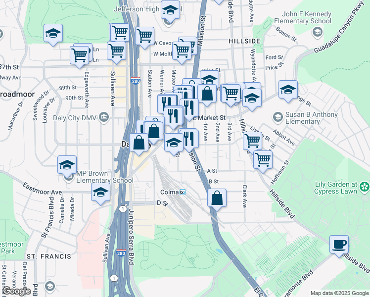 map of restaurants, bars, coffee shops, grocery stores, and more near 7428 Mission Street in Daly City