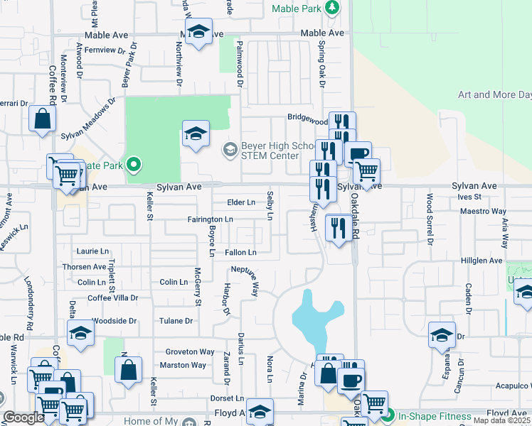 map of restaurants, bars, coffee shops, grocery stores, and more near 1917 Fairington Lane in Modesto