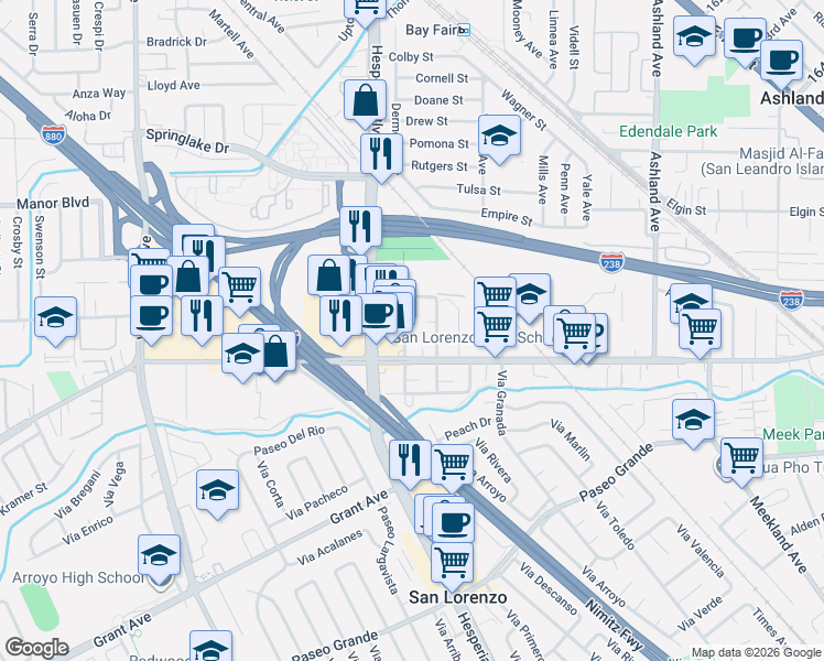 map of restaurants, bars, coffee shops, grocery stores, and more near 15570 Usher Street in San Lorenzo