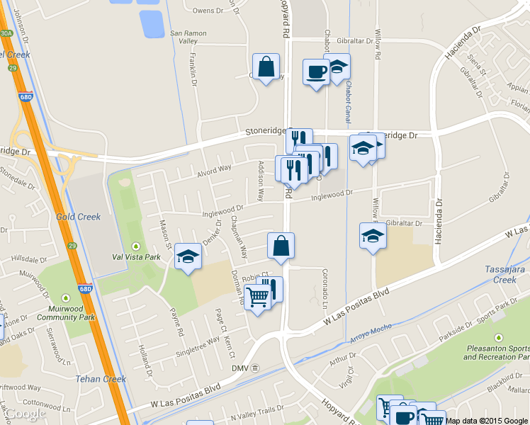map of restaurants, bars, coffee shops, grocery stores, and more near 6233 Garner Court in Pleasanton
